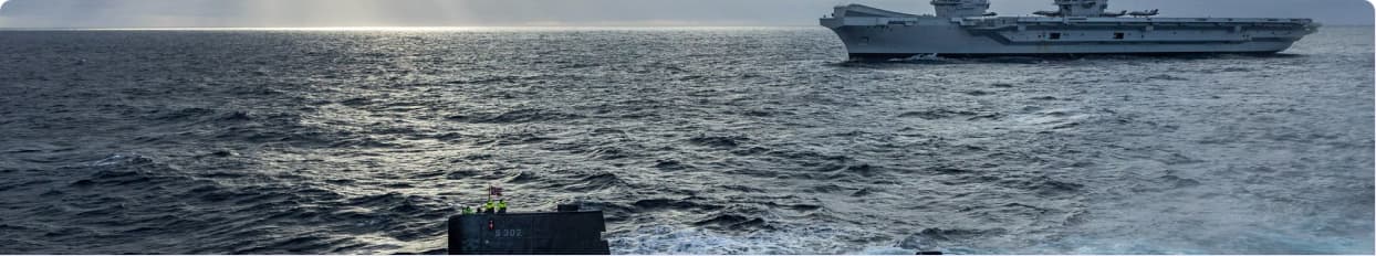 Royal Navy aircraft carrier HMS Queen Elizabeth with a submarine escorted at sea