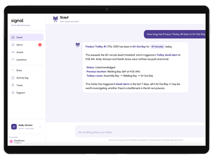 Signal's Scout AI assistant answering a plain-English question about a tracked asset's location and dwell-time alerts